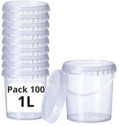 GROWMANIA Lot de 100 seaux en plastique transparent avec poignée 1 l – Boîte de rangement hermétique pour aliments, liquides et peinture – Bocal de stockage – Bocal résistant