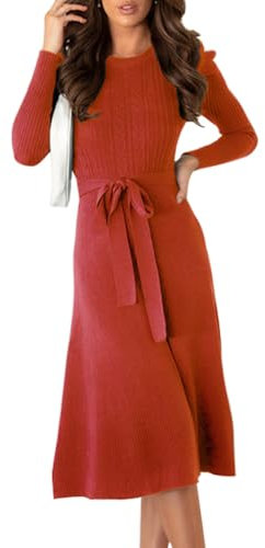 EFOGEP Jumper Dress for Women UK: Fall Winter Long Sleeve Sweater Dress Ladies Tunic Slim Pullover Knitwear Elegant Belted Ruffle Midi Dress Wedding Guest Party Knitted Dress Red L