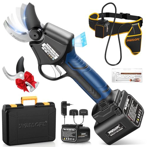 SWANSOFT Tijeras de Podar Eléctricas Doble Cuchilla de Corte - Profesional 42mm Podar Con 1150W 21V 4Ah X 2 Baterías, Pantalla LCD, de Poda Electrica Bateria Control Progresivo, para Viñedos Olivares