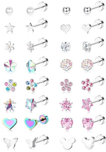 YADOCA 16Paar Ohrringe Mädchen Kinder Hypoallergene Chirurgenstahl Medizinische Ohrstecker Schraubverschluss Ohrring Herz Perle Blume Schmetterling Ohrringe Set