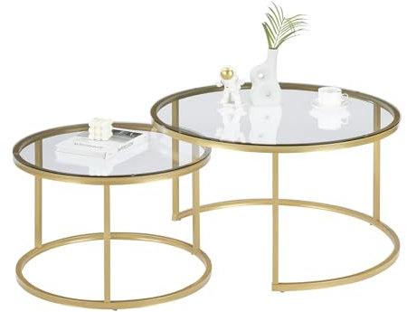 Soayone Couchtische Gold, Couchtisch Glas mit Gold Metallgestell, Couchtisch 2er Set, Runder Wohnzimmertisch, Stubentisch, Couch Tisch 80x80x45 & 60x60x35 cm