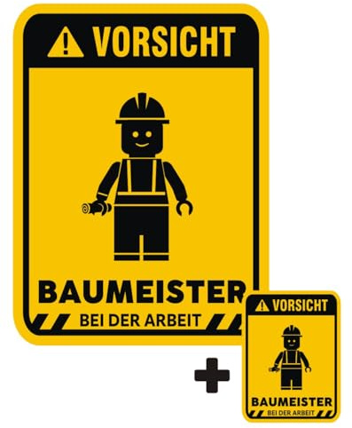 EppoBrand 2x Vorsicht Baumeister Bei Der Arbeit Lustiger Vinyl Aufkleber Kinderzimmer Tür Wand Möbel Warn Schild 17x13cm & 7x5cm für Lego Spielzimmer