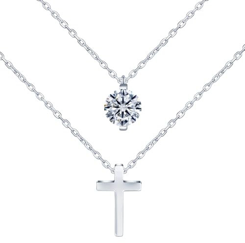 Yumilok Kreuz Halskette Damen Silber - Damen Kette mit Kreuz Solitär Anhänger 925 Sterling Silber Doppelkette 1 Karat Moissanit Diamant Silberkette Choker Kette für Frauen Freundin