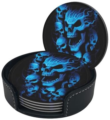 Lot de 6 dessous de verre ronds en cuir avec support pour boissons, motif tête de mort, noir et bleu