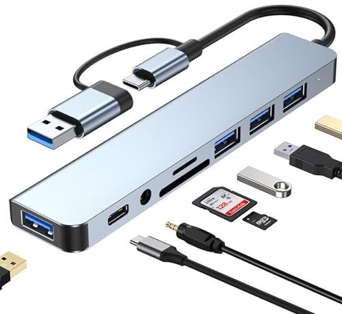 ARQIZ 8 in 1 USB C Hub, USB C Adapter with 4 USB Ports, SD/TF Card Reader, 3.5mm Headphone Jack, USB C Data Port, Compatible with MacBook Pro/Macbook Air/XPS/Tablet/Smartphones