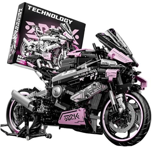 DelightCube Technik Rosa Motorrad Bausteine Set, MOC Klemmbausteine Supermotorrad Modell für Kinder Erwachsene,1985 Teile Technik Rennen Motorrad Bausteine Bauset (88015F)