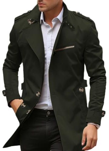 Oanviso Manteau Homme Trench-Coat Décontracté Pardessus Coupe Vent Parka Veste Long Trench-Coat Slim Fit Manteaux Blouson Homme Windbreaker Coupe Ajustée A Armée Verte L