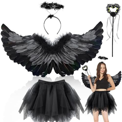 Disfraz de ángel para mujer, 4 unidades, disfraz de ángel rojo, 80 cm, alas de ángel, falda de tul para mujer con halo y varita mágica, falda tutú, alas de ángel de diablo, para carnaval, cosplay,