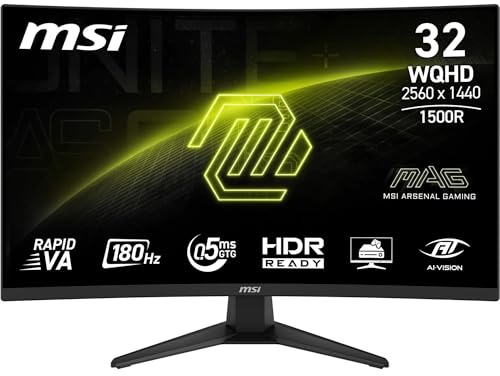 MSI MAG 321CQF E18 32-Inch WQHD 1500R Gaming Monitor, 2560x1440 Rapid VA, 180Hz, 0.5ms, HDR ready, Eye care, AI vision, HDMI 2.0b, DP 1.4a, Frame-less, Tilt Adjustable, Vesa Mount, Black