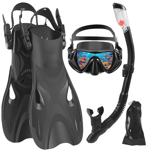 3 in 1 schnorchelset Erwachsene,Professionell Schnorcheln Set mit Verstellbare Taucherflossen Anti-Leck & Anti-Fog Taucherbrille und Dry Schnorchel(S/M)