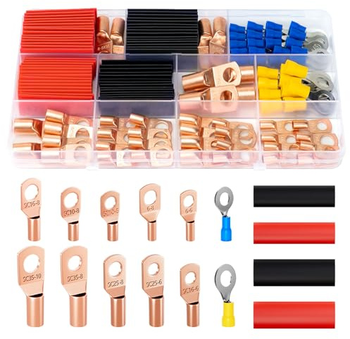 Sanuke 130pcs Copper Wire Lugs, Ring Terminals Gauge 2 4 6 8 10 12 14 16