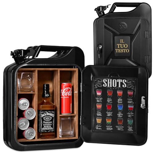 Maverton Tanica minibar 20 litri in acciaio, incisione personalizzata | Pratico Jerry Can canister con 4 ripiani riposizionabili, bar portatile con chiave, regalo uomo, dimensioni 36x46x18cm