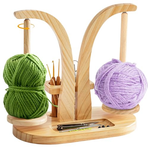 Garqitwan Wollabwickler Magnetisch, Wollhalter Holz mit Aufbewahrung, Wollknäuelhalter Rotierender Doppel Wollwickler Ständer für Häkelliebhaber (Natur)