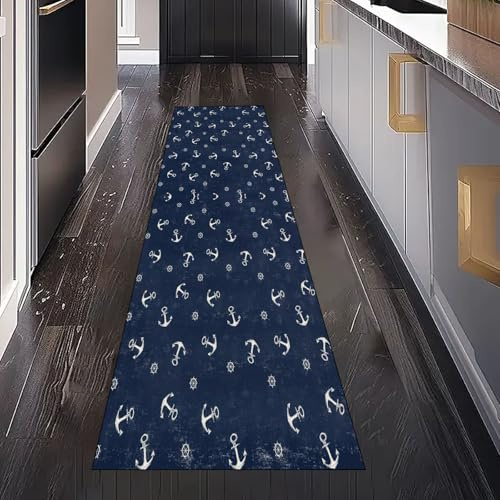 Gaqinhh Nautisch Anker Maritim Steuerrad Teppich Läufer Flur Küchenteppich Waschbar rutschfest 60x120 cm, Küsten Muster Teppichläufer für Bettumrandung Schlafzimmer Küchenläufer Eingangsbereich