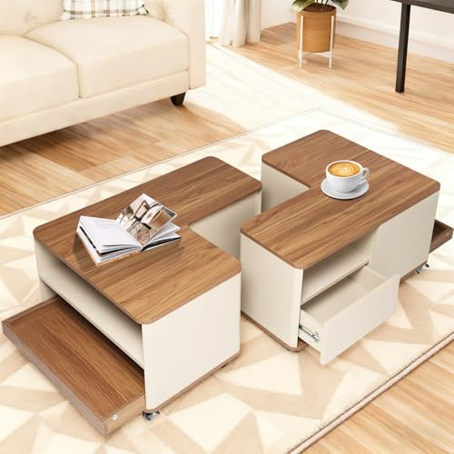 Cozykimo Couchtisch mit Rollen, Wohnzimmertisch Holz mit 2 Schublade, Modulare Ausgefallene Couchtische, Kaffeetisch, Beistelltisch Rollen für Couch, für Wohnzimmer, Büro (Brown)