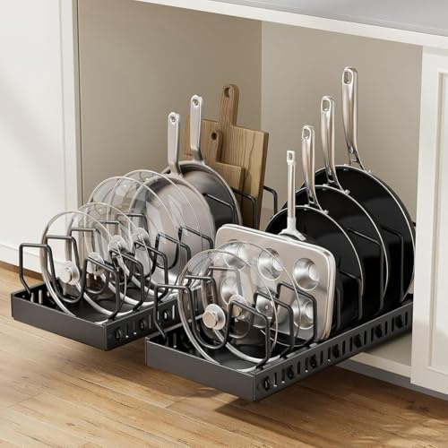 Asnews 2 Pack Pull Out Pots and Pans Organiser for Cupboard, 43CM Expandable Pan Lid Holder with 16 Adjustable Dividers, Kitchen Storage Rack for Inside Cabinet/Countertop (Black)