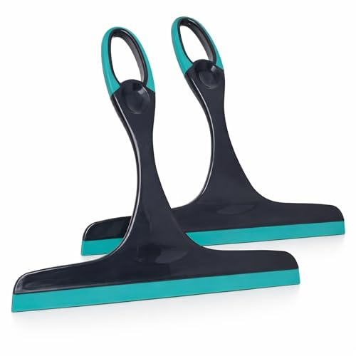 2-Pack Window Squeegee for Shower Glass, Mirrors & Tiles – Grey/Turquoise Multipurpose Shower Squeegees with Comfortable Grip – Glass Cleaner for Bathroom, Kitchen & Car Windows