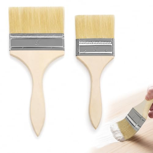 2 Pcs Masonry Paint Brushes Set, 3 Inch and 4 Inch Boiled Bristle Paint Brushes for Fence Wall Deck Furniture, DIY Stain Brush for Varnish Paste Gesso Limewash