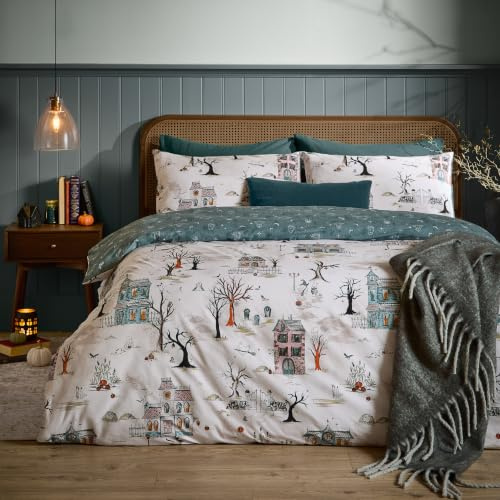furn. Ghost Town Bettwäsche Set (Dämmerung - Einzelbett) | Wendbar Herbstlich Halloween Gruselig Spukhaus Geist Motiv Pflegeleicht Weich Im Griff Baumwollmischgewebe Bettwäsche