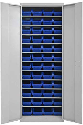ADB Metall Flügeltürenschrank/Werkzeugschrank/Werkstattschrank/Metallschrank mit 48 Sichtlagerkästen, 710 x 300 x 1950 mm, Lichtgrau (RAL 7035)