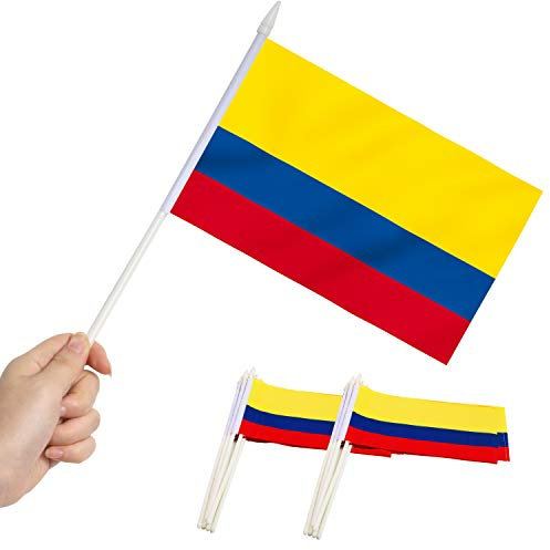 Bandera en miniatura de Anley Colombia - Mini banderas colombianas de 5 x 8 Resistentes a la decoloración y colores vivos - Bandera de mano de 5x8 pulgadas con mástil sólido blanco de 12 y punta