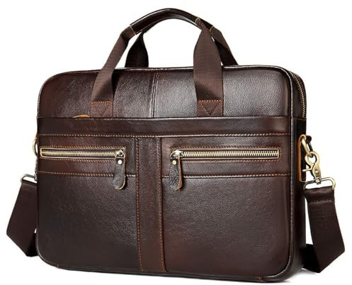 VINBAGGE Sacoche pour Ordinateur Portable 14 pouces Cartable Cuir Homme Sacs Business Porte Document d'affaires Mallette de Travai Sac à Bandoulière en Cuir Véritable,Brun