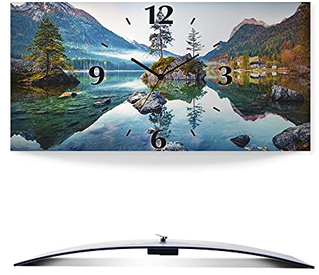 ARTLAND Wanddeko Wanduhr ohne Tickgeräusche Alu Quarzuhr lautlos 50x25 cm Rechteckig Landschaftsbilder Natur See Herbst Alpen U1TM