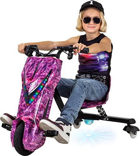 Actionbikes Motors Kinder Elektro Driftscooter | 𝟐𝟓𝟎 Watt Motor - Drift Cart 360°- 3 Geschwindigkeitsstufen - LED-Beleuchtung - Sitz verstellbar - Bluetooth - Drift Kart - Drift Auto (Space Purple)