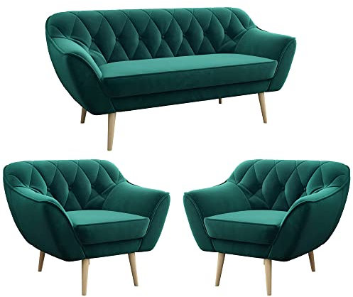 MKS MEBLE Sofa Grün - Moderne Sofa Set 3+1+1 - Skandinavische Deko Polstersofa - Pirs Zwei Sessles und Loungesofa - Fünf Personen Dunkelgrün