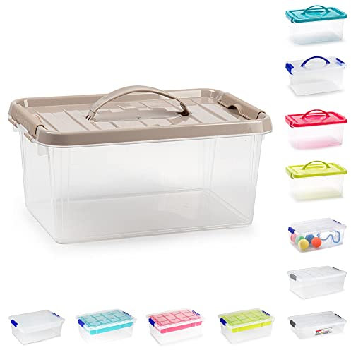 Plastic Storage Box Lightweight Robust Stackable Storage Boxes with Lid, Clear Latch Boxes, Plastic Organiser, Space Saving Solution for Home Office (3.5L - Taupe Lid with Handle)