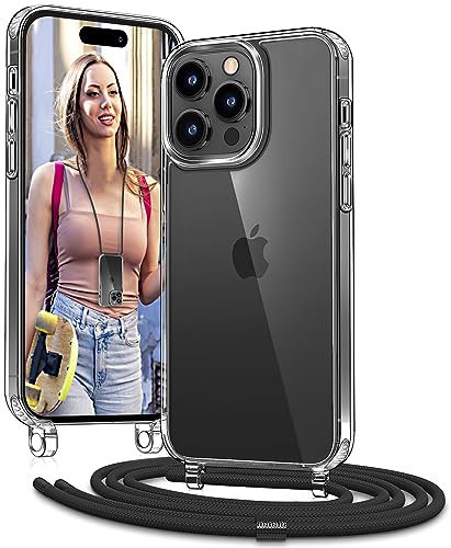 Vaykwo Handykette mit Band für Apple iPhone 14 Pro Hülle - Necklace Handyhülle - Transparente Case zum Umhängen mit Kameraschutz und Bildschirmschutz - Schwarz