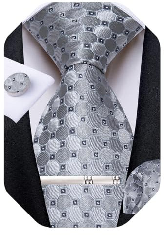 DiBanGu Herren Krawatten-Set, Seide, kariert, gestreift, gewebtes Einstecktuch und Manschettenknöpfe, Krawattenklammer-Set, formelle Hochzeit, Silberfarben und Grau, Einheitsgröße