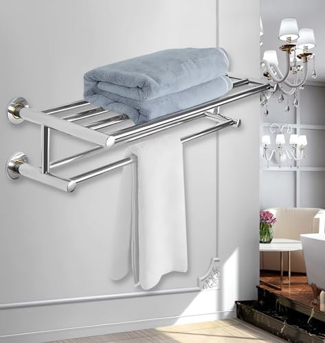 E-Horde 24 '' Porte-Serviettes, Étagères pour Serviettes en Acier Inoxydable Poli, Porte-Serviettes Mural, Organisateur de Serviettes, Porte-Serviettes de Bain, pour Hôtel -60 x 23 x 15 cm