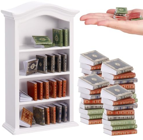 36 Pcs 1:12 Scale Miniatures Dollhouse Books and 1 White Wooden Bookcase,4 Floors Furniture Display Bookshelf Cabinet Mini Assorted Books,Dollhouse Decoration Accessories for Home Bedroom