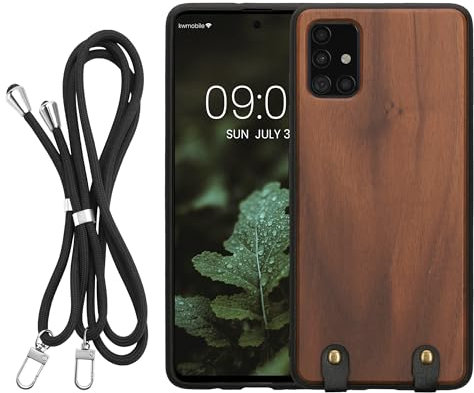 kwmobile Necklace Case kompatibel mit Samsung Galaxy A51 Hülle - Holz TPU Cover mit Handykette - Band Handyhülle Dunkelbraun