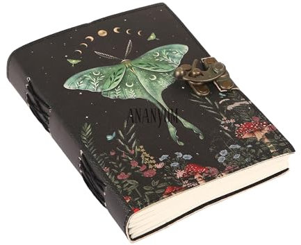 ANANYOM Handmade Leather Journal, Luna Moth and Morpho Butterfly Vintage Leather Notebook Diary Sketchbook, With 200 Blank White Paper, Unruled, Brass Clasp Lock Journal for Men & Women, Black