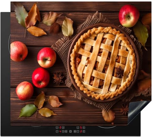 KitchenYeah© Herdabdeckplatte Einteilig Herdabdeckung Abdeckplatte für Ceranfeld Abdeckung Induktionskochfeld Aufrollbare Matte Apfelkuchen - Blätter - Herbst - Äpfel - Holzdruck - 60x52 cm