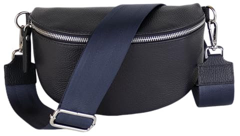 MIRROSI® Bauchtasche Damen, Echtleder, Made in Italy, Umhängetasche, Brusttasche, Crossbody Bag (1 Tasche & 2 Gurte) (Navy (Einfarbig), Große Tasche (28x18x9cm))