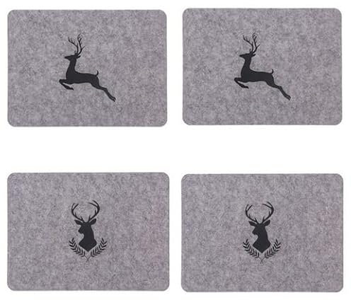 PLATZSET Hirsch aus Filz Tischset, 44x32 cm, 4-teilig, leicht, strapazierfähig, feucht abreibbar (4 x Grau (2 x Hirsch + 2 x Hirschkopf))
