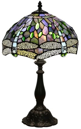 FUMAT Tiffany Tischlampeaus Buntglas mit blauer Libelle, Retro Deko Lampe Tischleuchte Nachttischlampe, Bunte Glas Lampenschirm