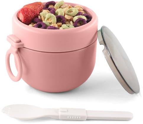 HUAERSICO Frühstücksbecher To Go mit Klapplöffel, 600 ml Fruchtsalat-Becher To Go Kinder, für Frühstück & Snacks, Auslaufsicherer Porridge Becher, Ideal für Schule, Ausflug, Arbeit und Picknick(Rosa)