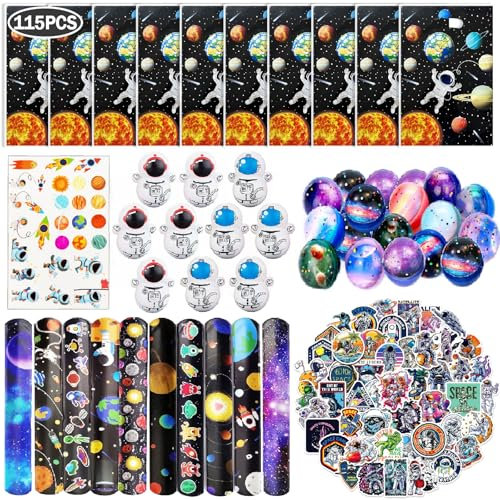 Seamart 115 Stück Weltraum Party Mitgebsel Kindergeburtstag, Party Gastgeschenke Kinder, Give Aways Kindergeburtstag Jungen mit Hüpfbälle Planet Schnapparmband Geschenktüte Tattoo-Aufkleber