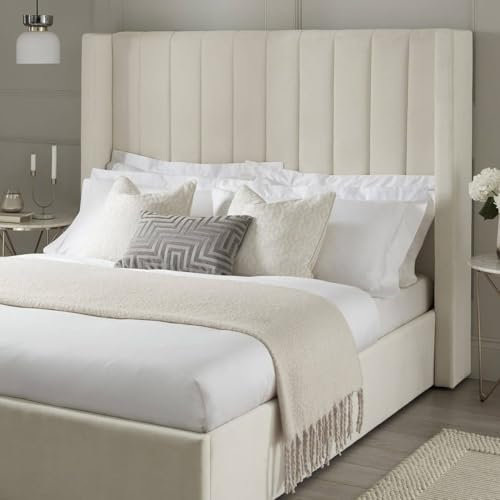 YB INTERIORS LTD Sleigh Bed Frame Upholstered Bed Frame With 125cm High Floor Standing Headboard wingback Bed Frame Without Storage (Cream, 6FT Super King Size)