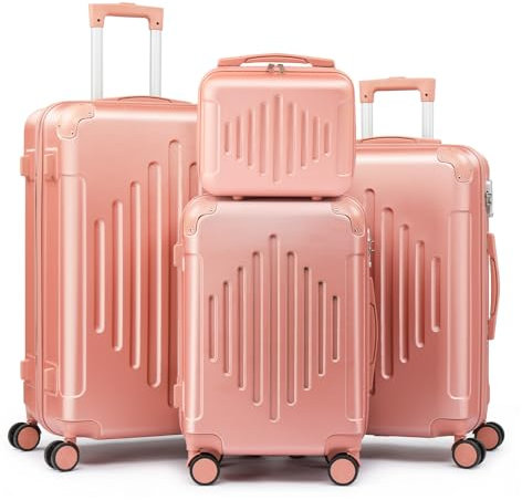 LEADZM Kofferset 4 teilig, Reisekoffer Set mit Kosmetikkoffer & verstärkten Ecken, Koffer Set Hartschalen-Trolley aus ABS mit Teleskopgriff, Handgepäck (Roségold)