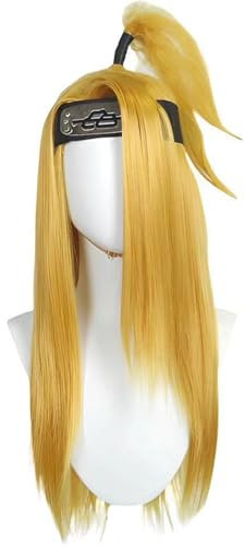 Windskids Deidara Cosplay Perücken Herren Golden Gelb Lange Gerade Pferdeschwanz Perücke und Stirnband Verkleidung Ninja Deidara Halloween Karneval Party Performance Kostüm Zubehör Anime Wig