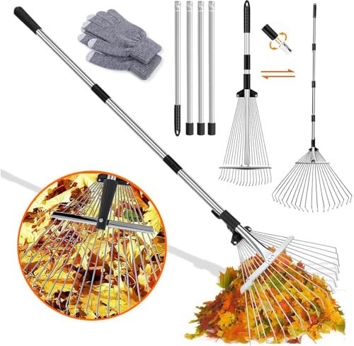 Rastrillo de jardín con Barra de Metal Ajustable de 2,20 m y Guantes, Escoba de Hojas, Escoba de Metal, Abanico de Hojas, rastrillo para Limpiar Plantas, césped y Patio