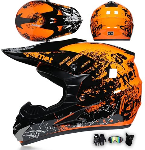 Casco De Motocross ATV para Hombre Adulto Casco De Motocicleta ECE Casco Moto Integral para Todoterreno Moto De Nieve Superbike MX Enduro Quad, con Guantes Gafas Máscara,Orange-XXL