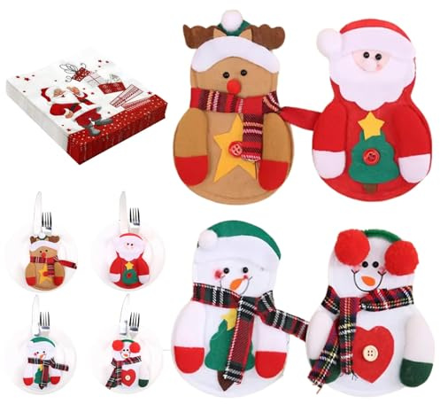 Kiuiom Portacubiertos de Fieltro Navideño,Bolsita Cubiertos Navidad,Navideña Cuchillos Tenedores Cucharas Bolsita Vajilla,Adecuado para Fiestas,Cenas Familiares,Muñeco Nieve,Alces,Santa Claus,9 pcs
