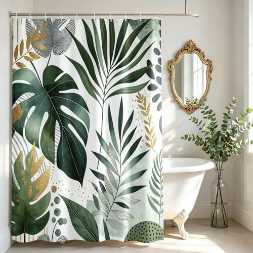 Epinki Rideau de Douche Jungle Tropicale 100x200cm, Vert Anti Moisissure, Feuillage Doré, Rideau Baignoire Polyester, Imperméable, pour Salle de Bain, avec Crochets