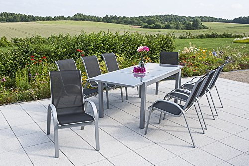 MERXX 9tlg. Amalfi Set, 8 Amalfi Stapelsessel, 1 Ausziehtisch, 180 (240) x 100 cm, schwarz